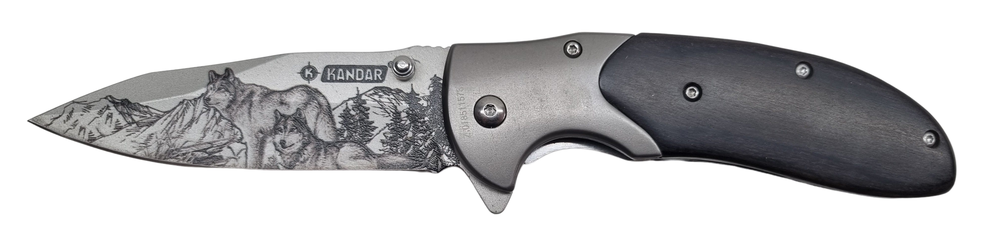 Kandar vreckový zatvárací nôž motív vlk + klip 21cm/9cm