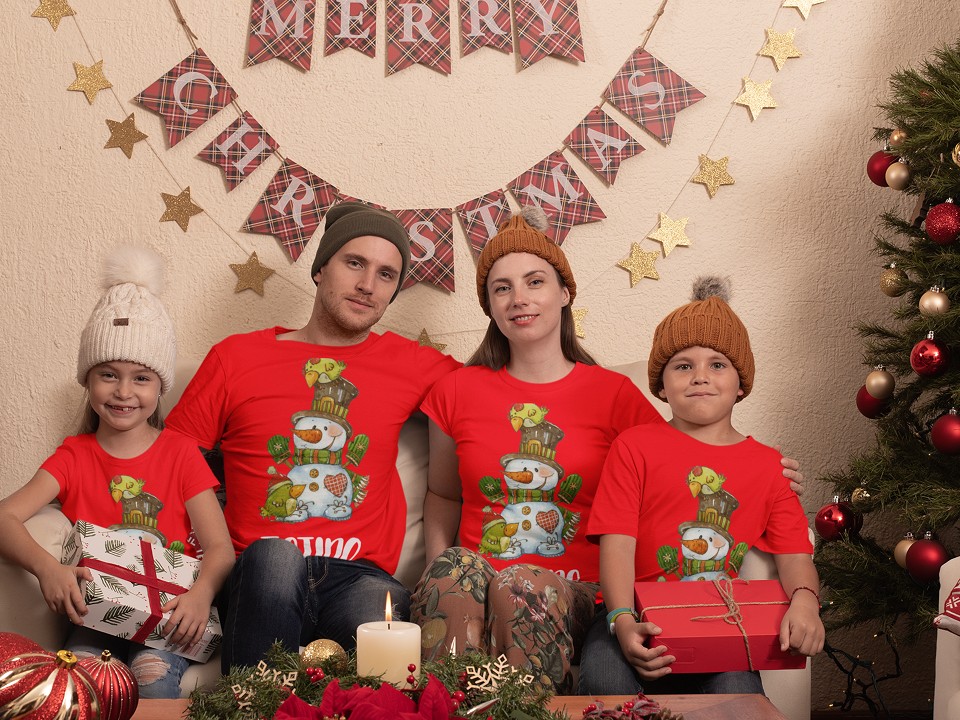 Tričká pre rodinu s vianočným motívom Snehuliak s vtáčikmi