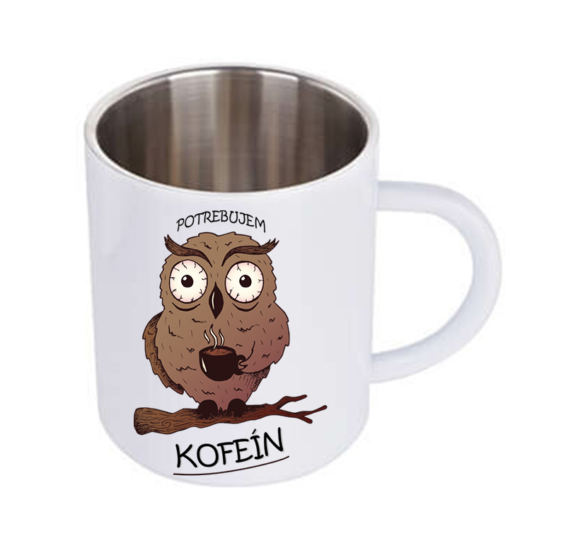 Biely termohrnček s vtipnou potlačou Potrebujem kofeín